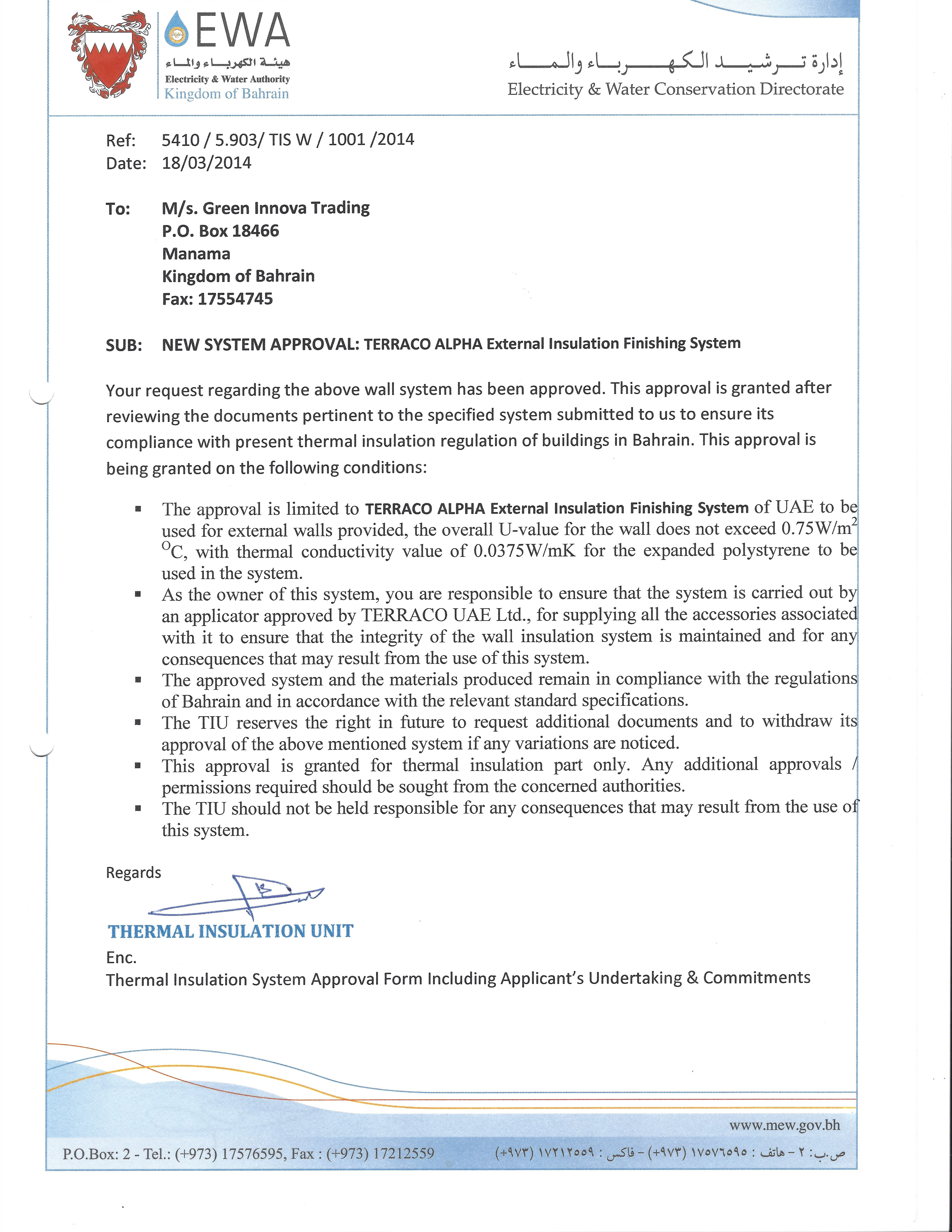 Green Innova – Terraco EIFS approved by EWA